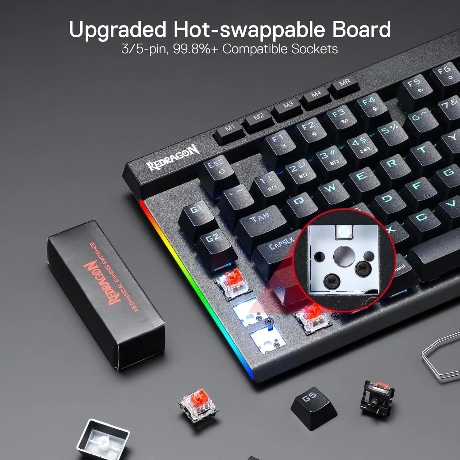 Redragon K587 PRO TKL RGB 3-Mode لوحة مفاتيح ميكانيكية لاسلكية 87 مفتاحًا للألعاب، مسند معصم قابل للفصل، مفاتيح حمراء خطية قابلة للتبديل السريع