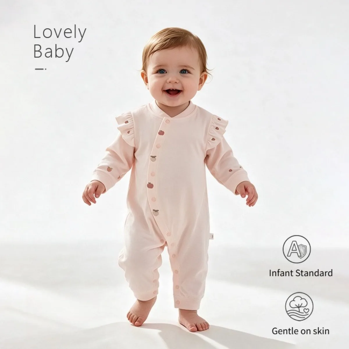 Baby Girl Cotton Romper Long Sleeve Fruit Embroidery Ruffle Cuffs Onesie Soft Infant Jumpsuit Spring Autumn Clothes Unisex 0-18M