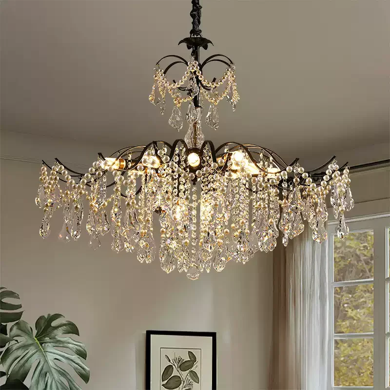 Vintage Crystal Beaded Chandelier, Black Metal Frame Pendant Light, Luxury Living Room Dining Room Bedroom Lighting Fixture