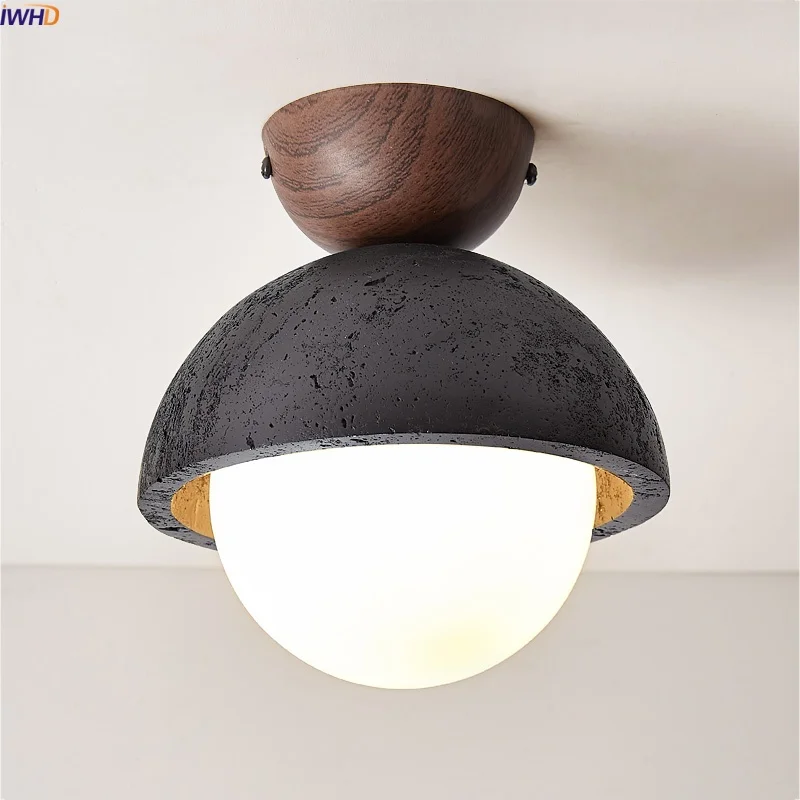 

IWHD Glass Ball LED Ceiling Light Black Travertine Home Decor Corridor Bedroom Design Wabi Sabi Ceiling Lamps Lampara Plafond