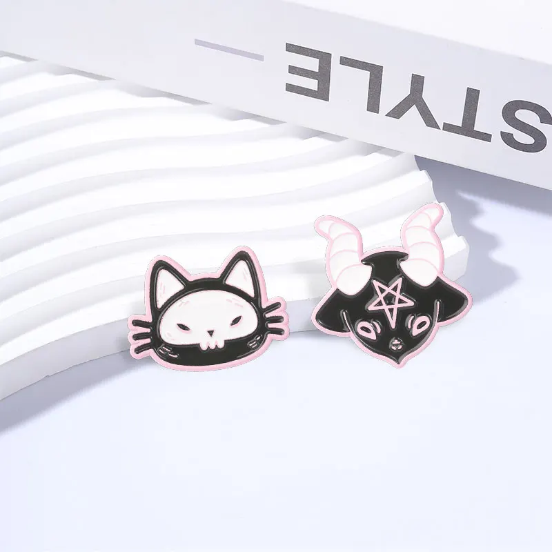 Pink Skull Cat and Mystical Goat Enamel Pin Punk Gothic Five Pointed Star Goat Brooches Halloween Jewelry AccessorIes Gift Badge