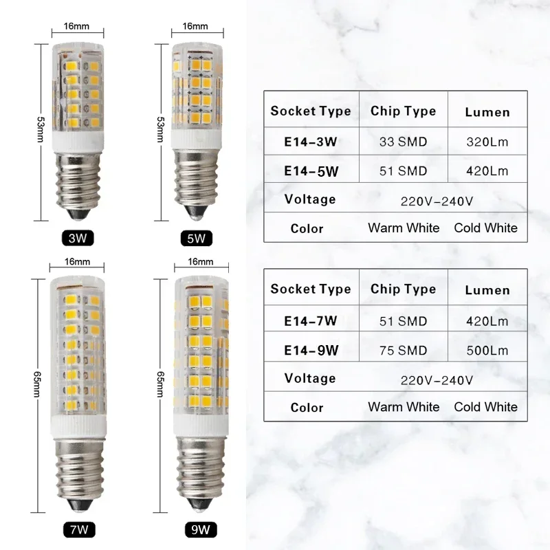 10pcs/lot E14 LED Lamp 3W 5W 7W 9W AC 220V 230V Led Corn Bulb SMD2835 360 Beam Angle Replace Halogen Chandelier Lights