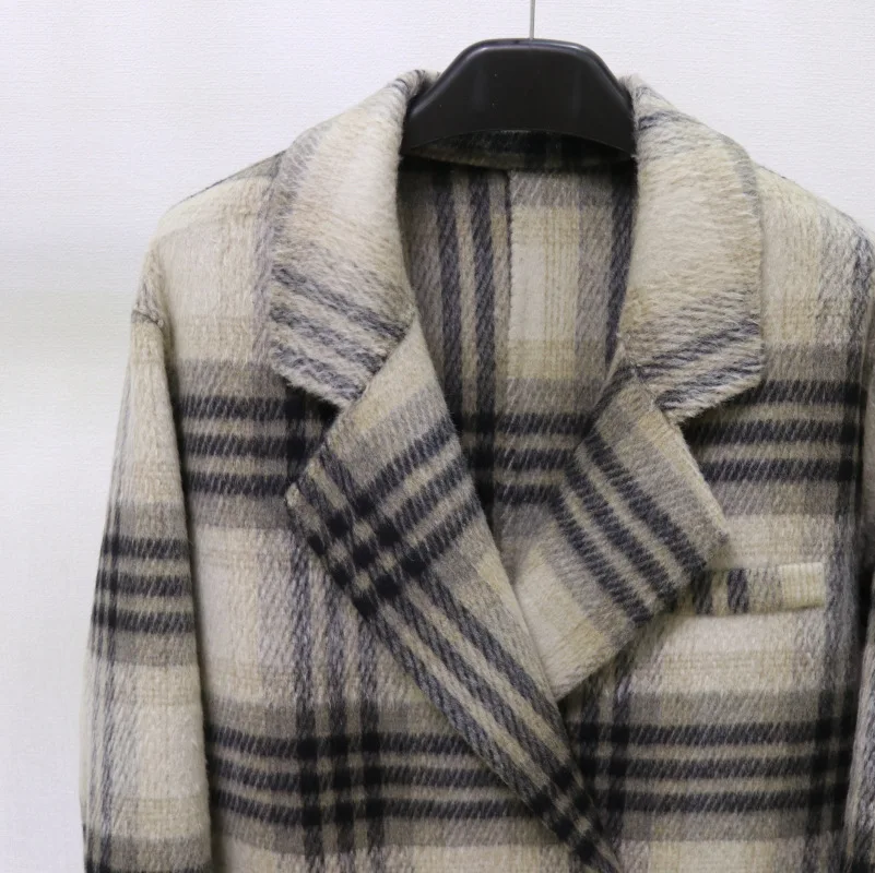 

New long-haired high-end Korean plaid double-sided wool coat women's extended woolen coat