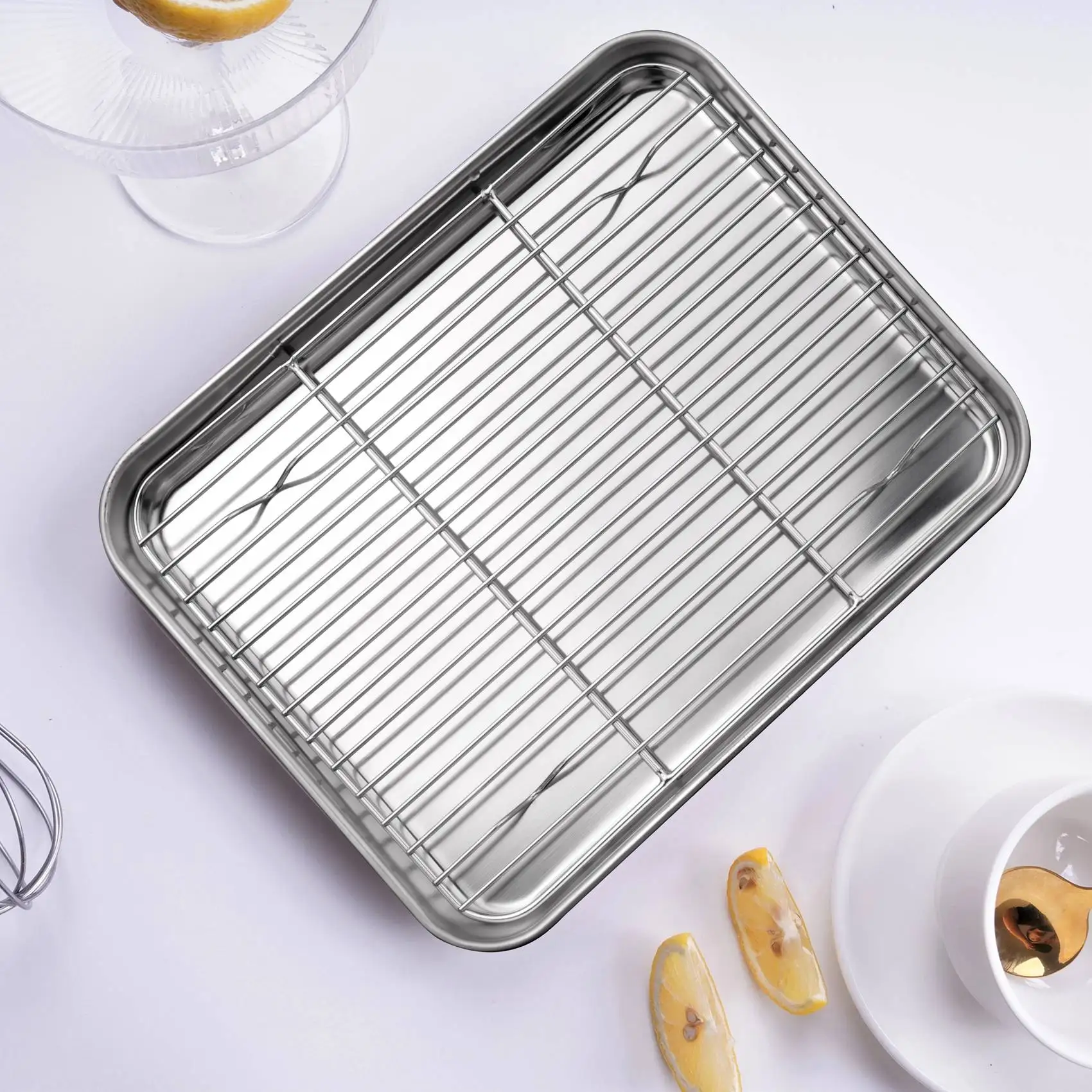 

A06RP 10 Inch Toaster Oven Tray and Rack Set, Small Stainless Steel Baking Pan with Cooling Rack,Dishwasher Safe Baking Sheet