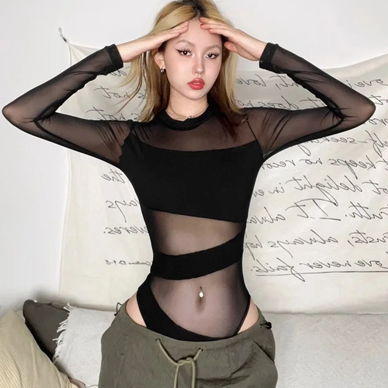 Sexy Clothing Mesh Sexy Top 2024 Women Solid Long Sleeve Slim Tee Y2K Korean T Shirts Femme Summer T Shirt Streetwear Party Club