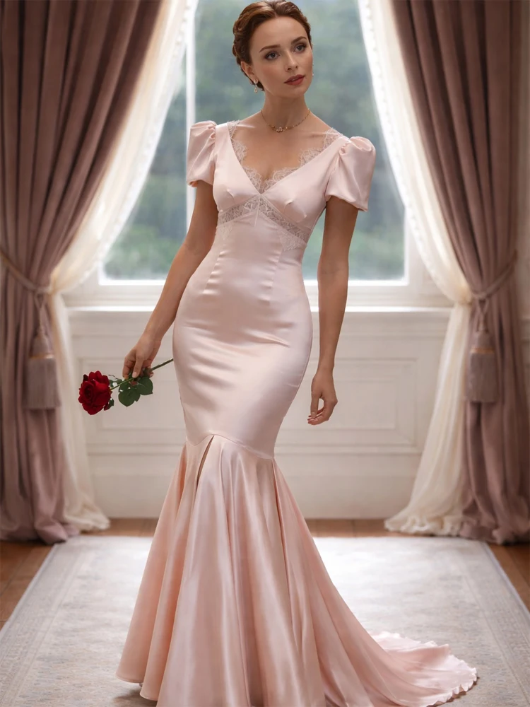 

Solid V Neck Lace Patchwork Maxi Dress Bubble Shoulder Women Elegant High Split Pleated Dresses 2026 Lady Evening Party Gowns