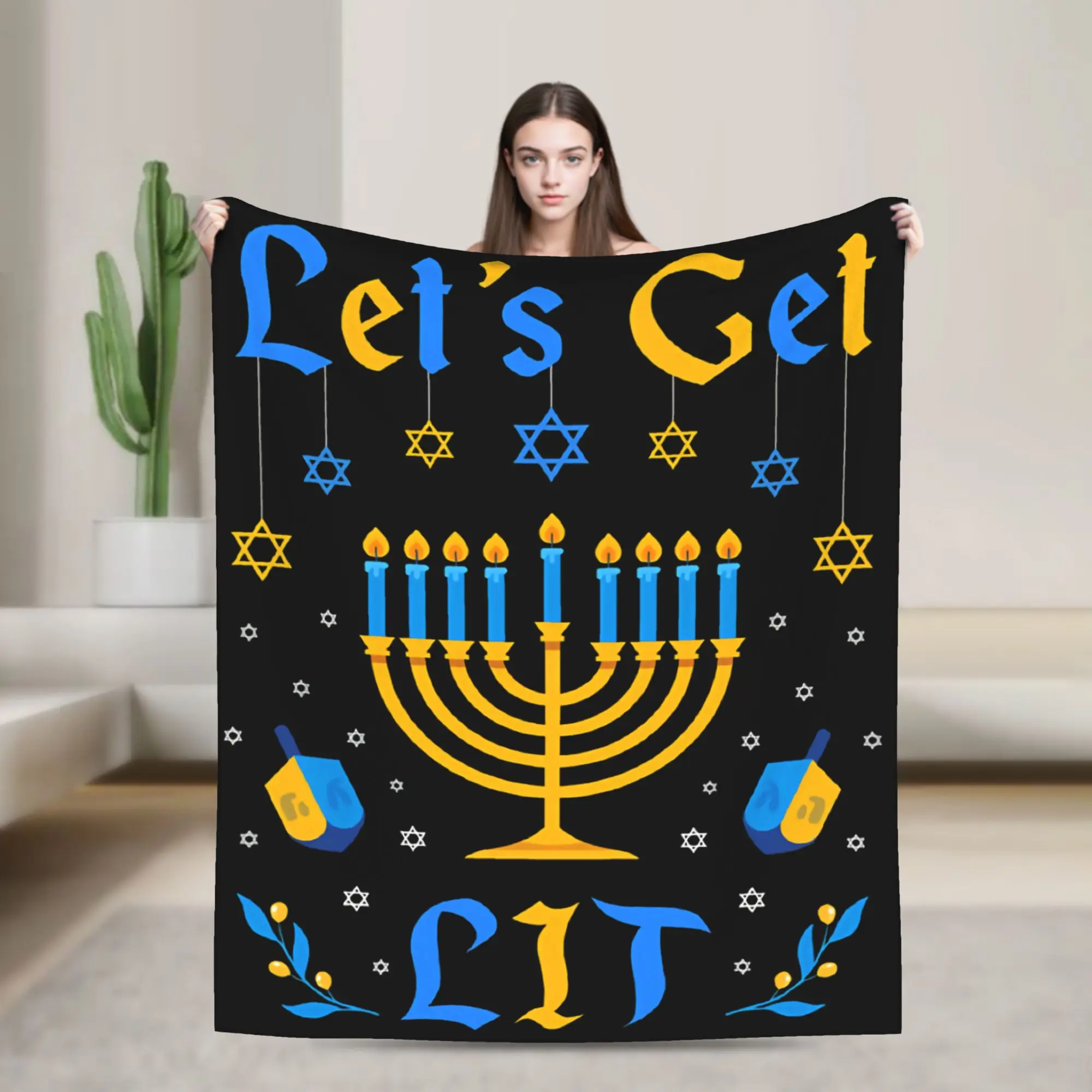 Let's Get Lit Hanukkah Jew Menorah Blanket  Wool Funny Warm Throw Blanket for Home Textile Decor