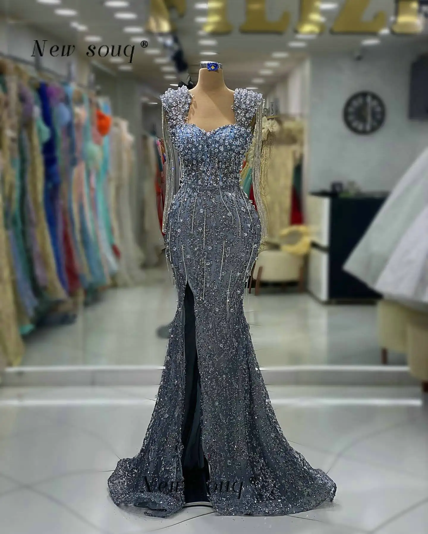 Customized Haze Blue Long Mermaid Evening Dresses with Slit Crystals Chains See Boning Night Party Gowns Arabic Vestidos 2025