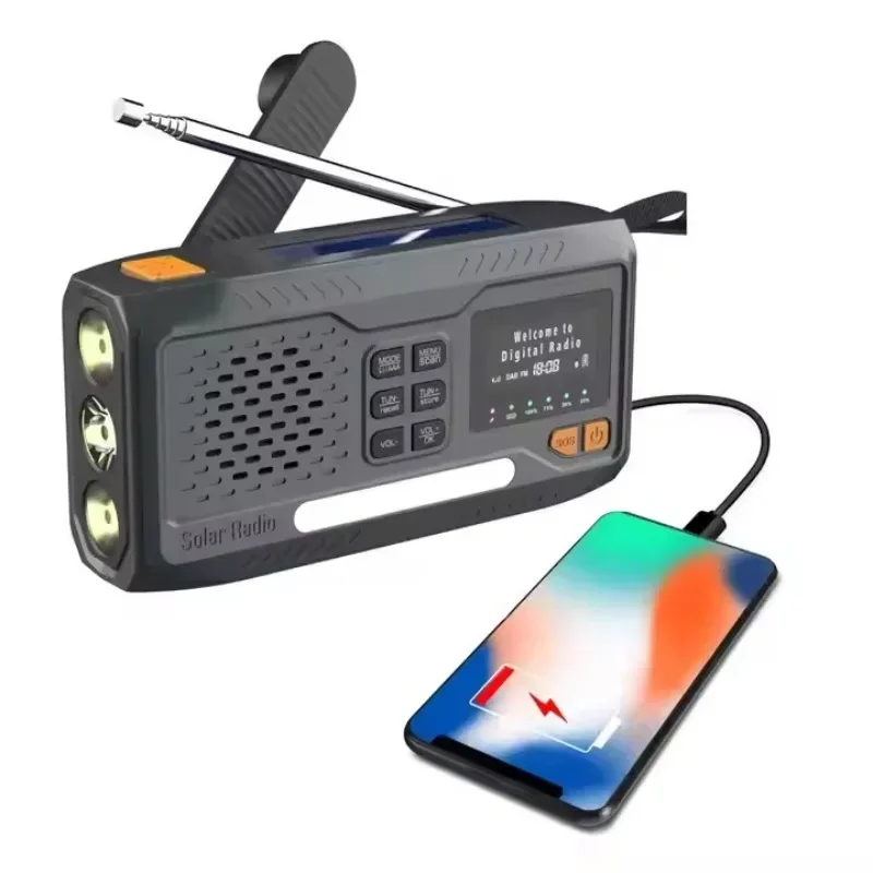 Portable Mini Fm Solar Dynamo Emergency Crank Radio Digital Dab Radio with Headphone, 3 Modes Flashlight, Phone Charge Radio