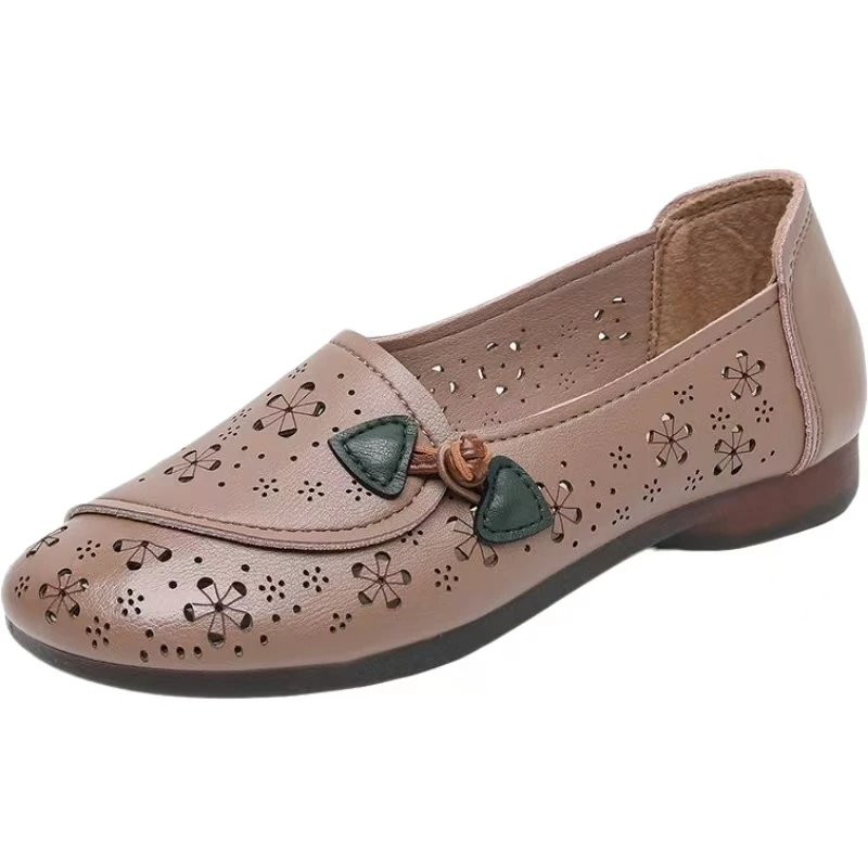 

Женские кожаные туфли в этническом стиле на плоской подошве с круглым носком, нескользящие легкие сандалии для среднего и пожилого возраста