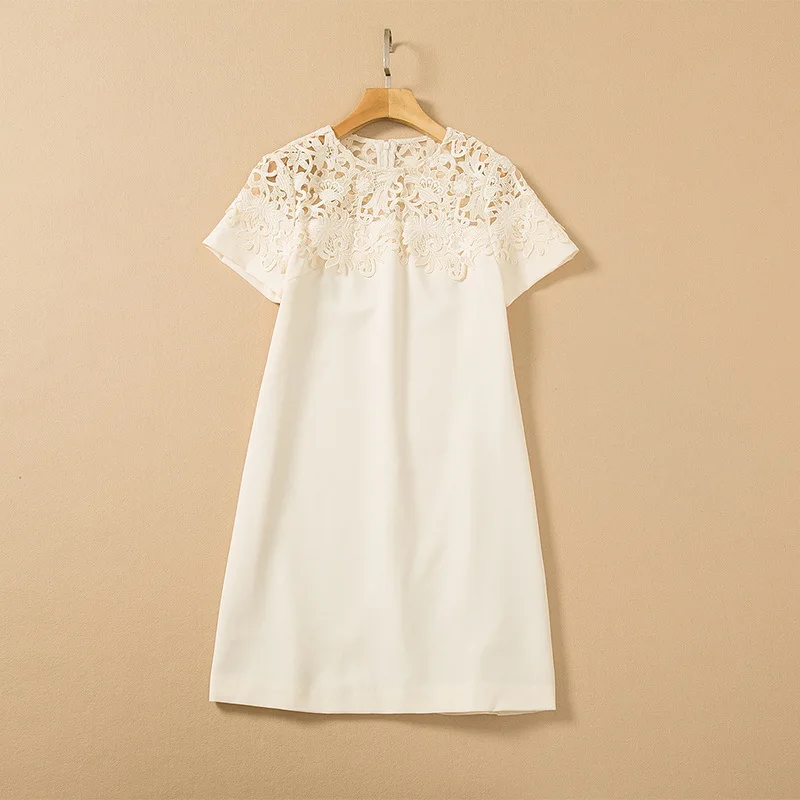 

European and American women's wear spring 2022 new Short sleeves and round collar hollowed out Fashionable loose dress