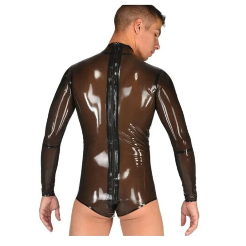 

Latex Catsuit Transparent Black Handmade Rubber Swimsuit Bodysuit with Back Zip for Men Wear Customize