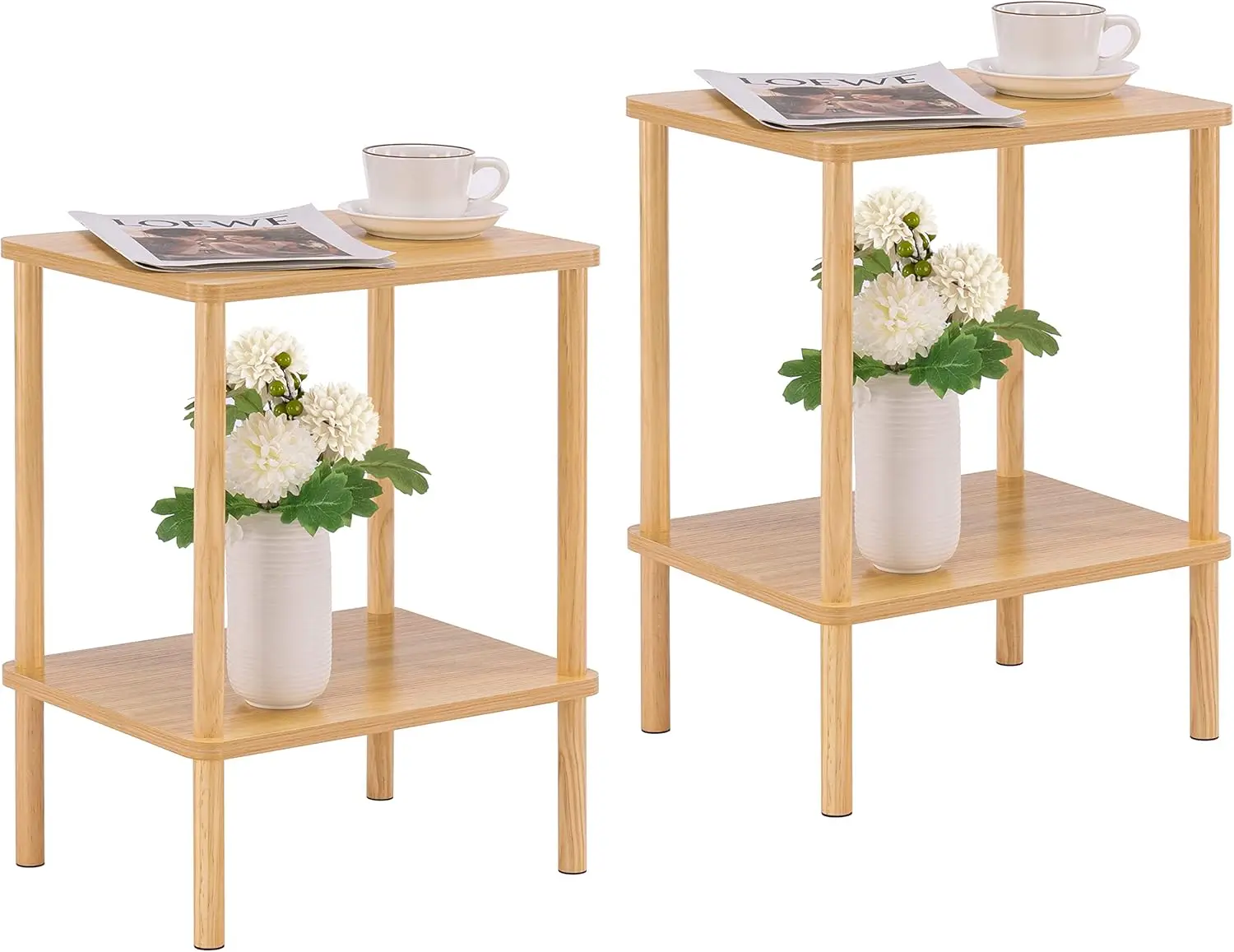 

2 Tier End Table Set of 2, Small Side Table with Solid Wood Legs, Boho Bedside Table with Storage Shelf, Nightstand for Small