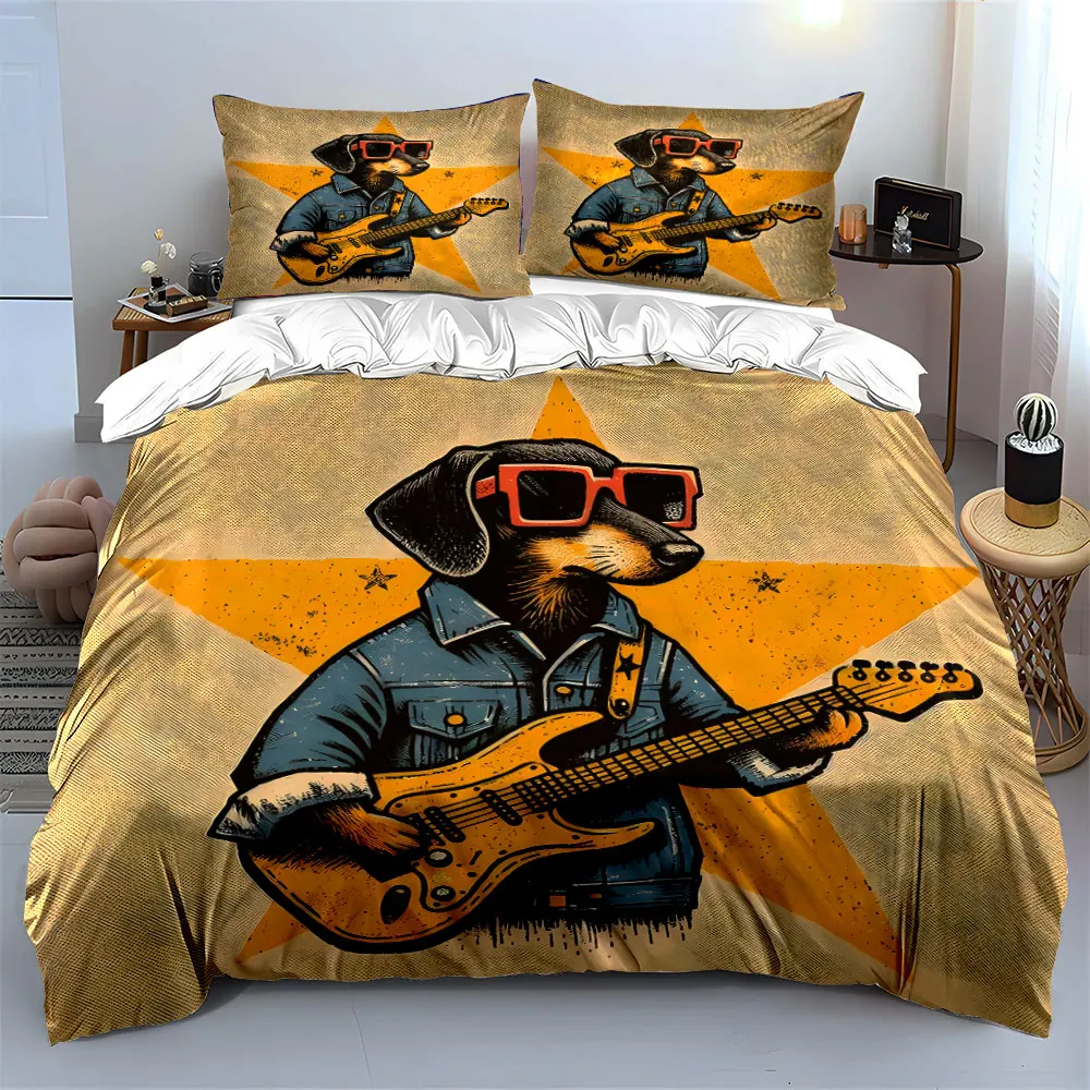 3pcs Cool dog playing electric guitar Duvet Cover Set with 3D Printing Design Soft Polyester Bedding Set All-Season Comfort