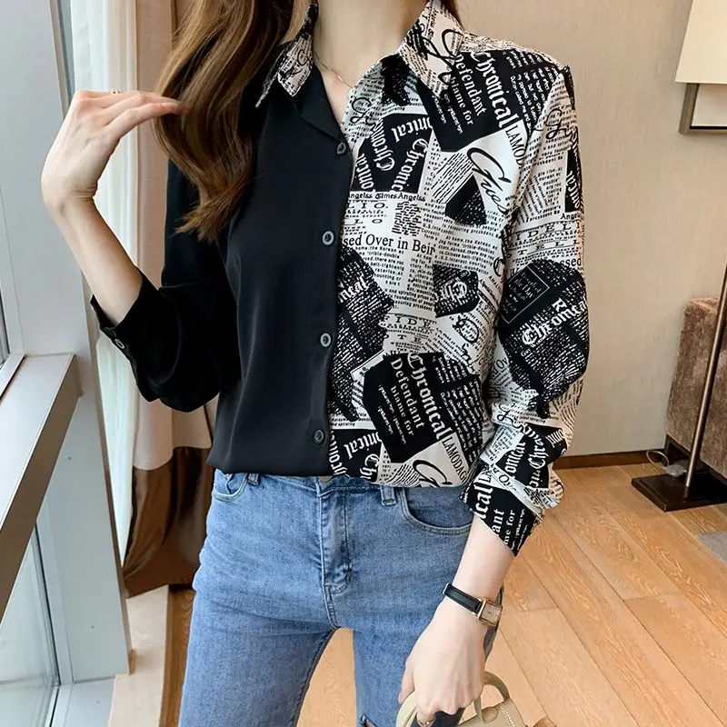 Patchwork Long Sleeve Print Blouse Spring Autumn New Polo Neck Letter All-match Elegant Shirt Tops Fashion Casual Women Clothing