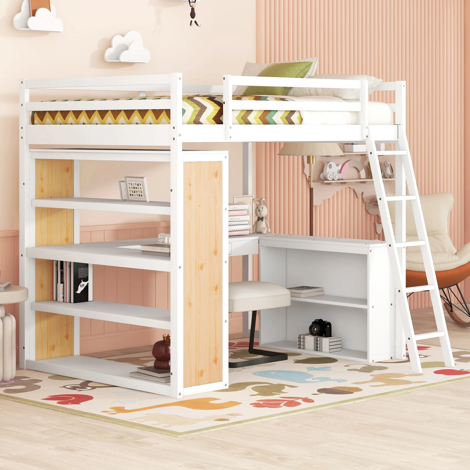 Full Size Loft Bed with Ladder, Shelves, and Desk, White(OLD SKU LT000226AAK)