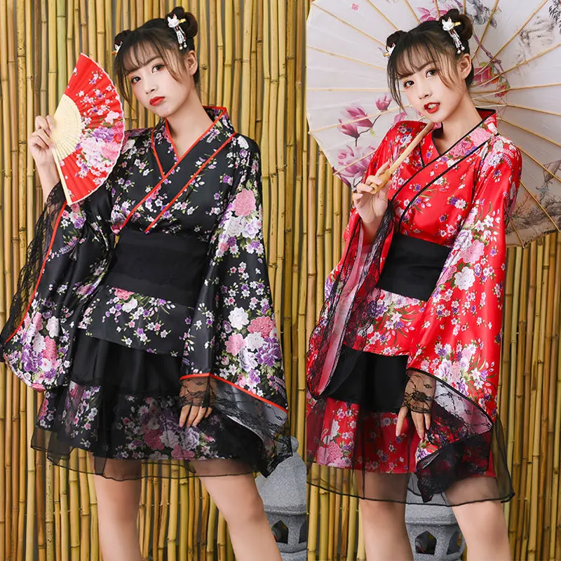 Cosplay Kimono Japanese-Style Yukata Anime Girly Style Improved Costume Cute Costumes Stage Print Flower Clothing