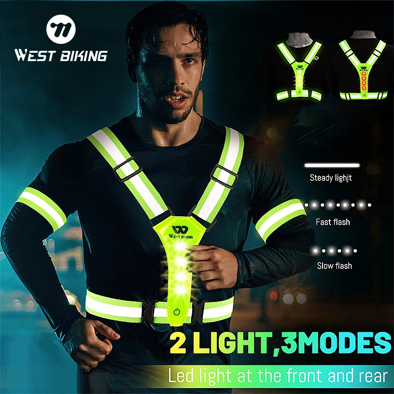 

WEST BIKING Cycling Safety Vest with Light Reflective Vest Night Walking Electric Scooter Flashing Vest for Running Fishing Men