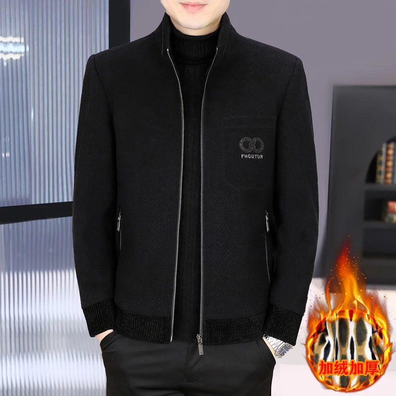 

Winter Men's Thick Woolen Stand Up Collar Jacket High-quality Velvet Warm Casual Woolen Blend Coat Business Social Men Clothing