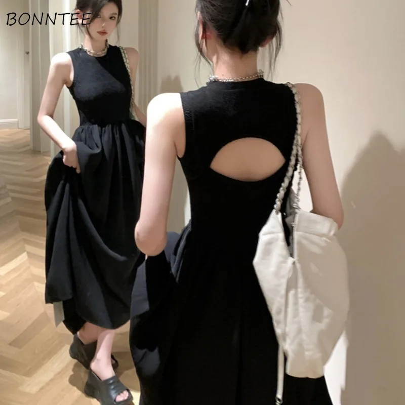 Sleeveless Dresses Women Hollow Out Design Defined Waist Korean Fashion Sweet Spicy Girls Solid Temper Chic Vestidos Summer Y2k