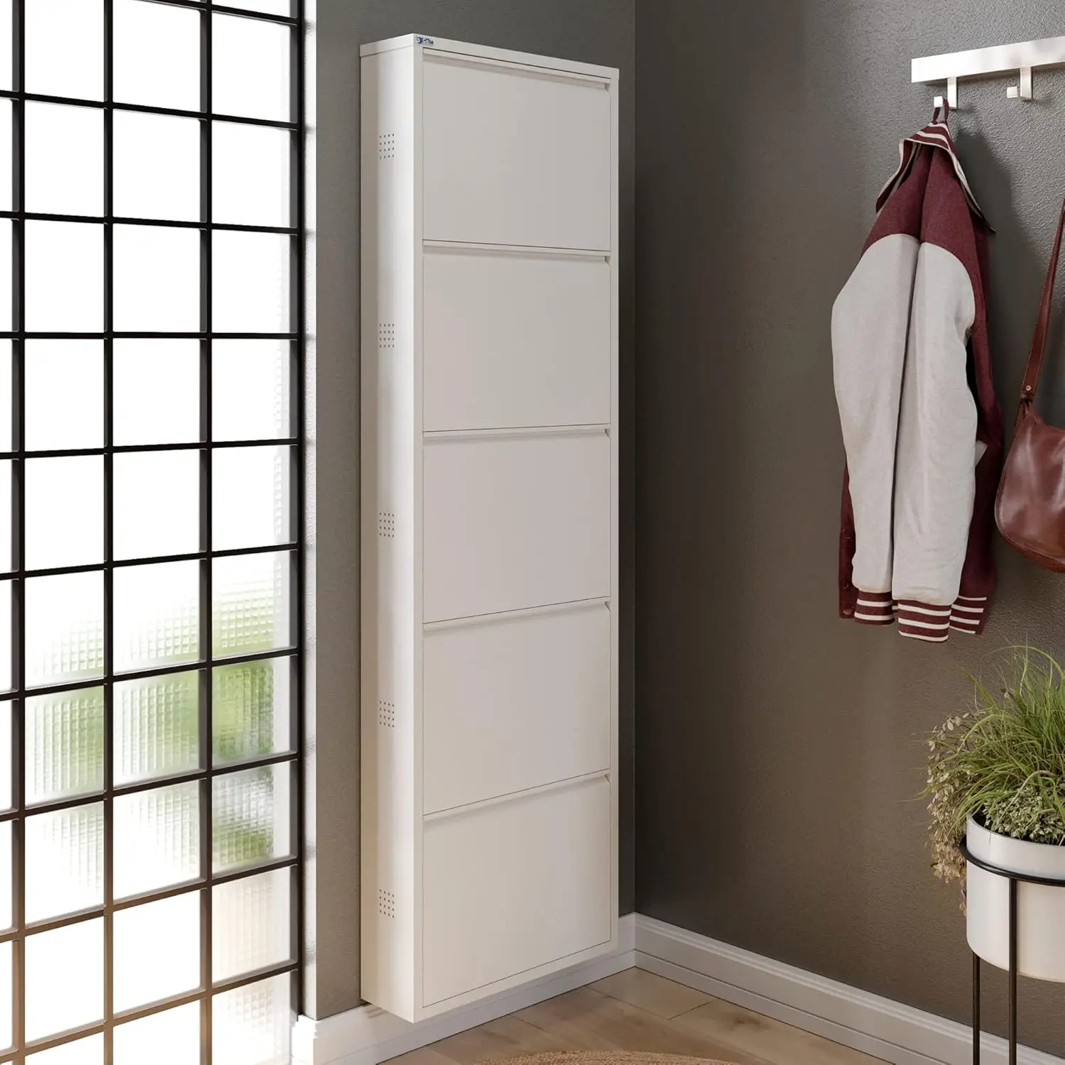 #5 Tier Metal Shoe Cabinet with Cover Ventilated Entryway Closet Organizer 5.91x66.5x19.68 inch White Customized