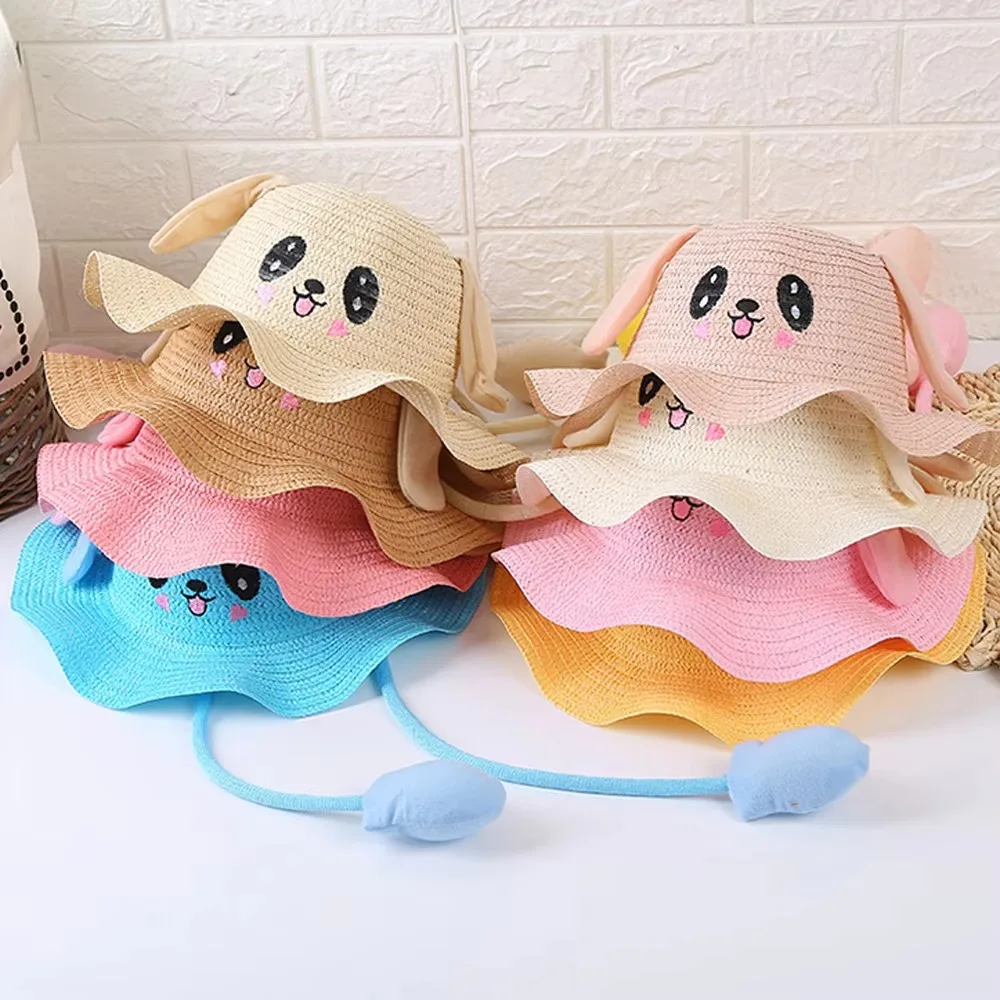 

Соломенная шляпа с кроликом, летняя соломенная шляпа для мужчин и женщин, подушка безопасности, уши могут перемещать солнцезащитный крем, многофункциональная детская шляпа от солнца