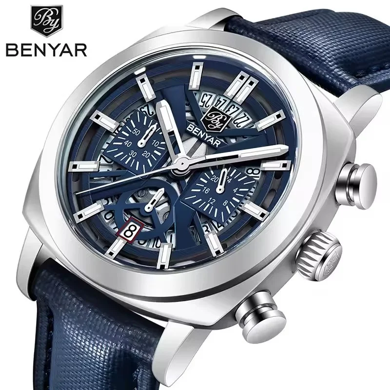 

BENYAR 5205 новые модные классические мужские кварцевые часы 43 мм ночник циферблат хронограф календарь 50 м водонепроницаемые деловые часы подарок