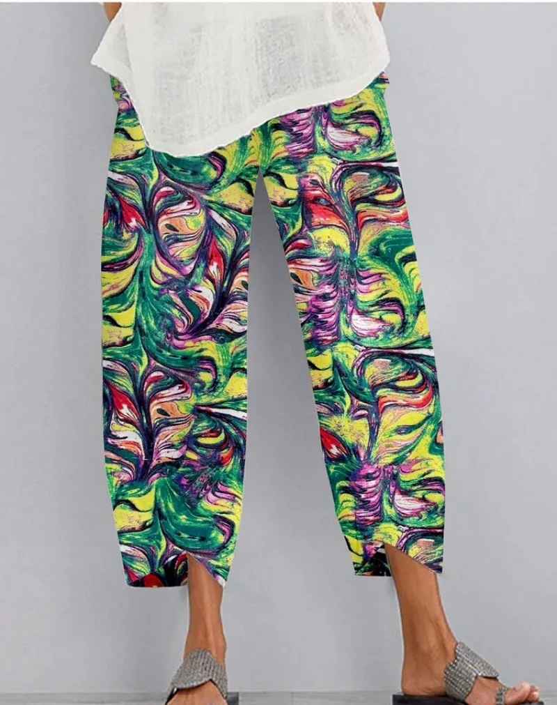 

New Women's Pants Irregularly Rendered Printed Loose Fashionableelastic Waist Pocket Pants Casual Wear