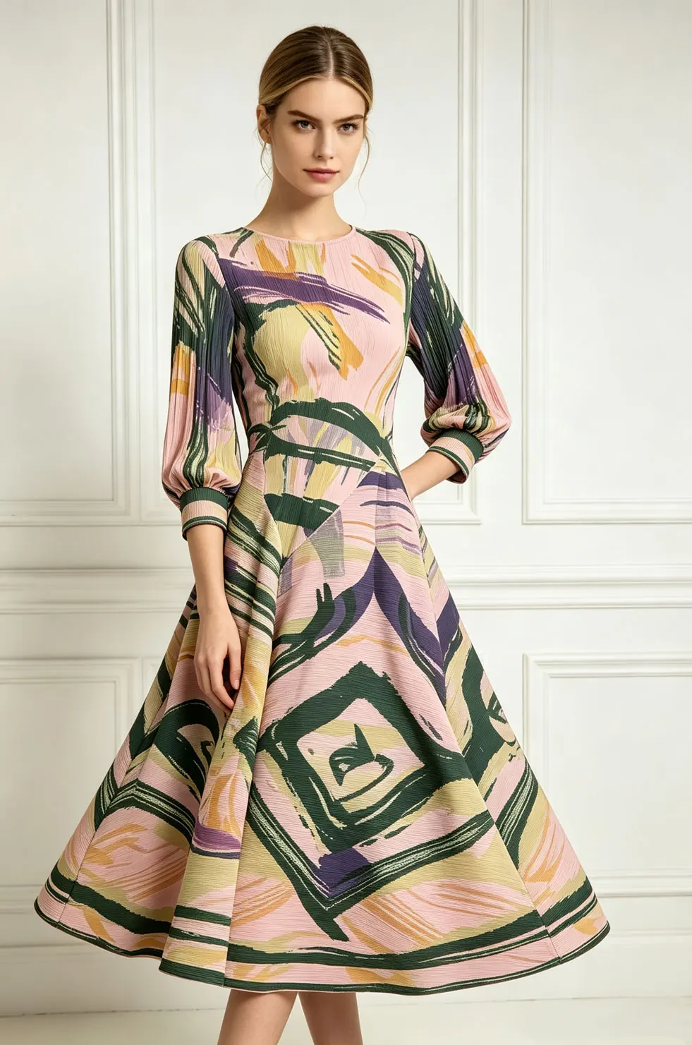 Elegant Miyake Pleated Midi Dress Abstract Art Print Round Neck Puff 3/4 Sleeve Oversized Loose A‑Line Ladies Casual Dress