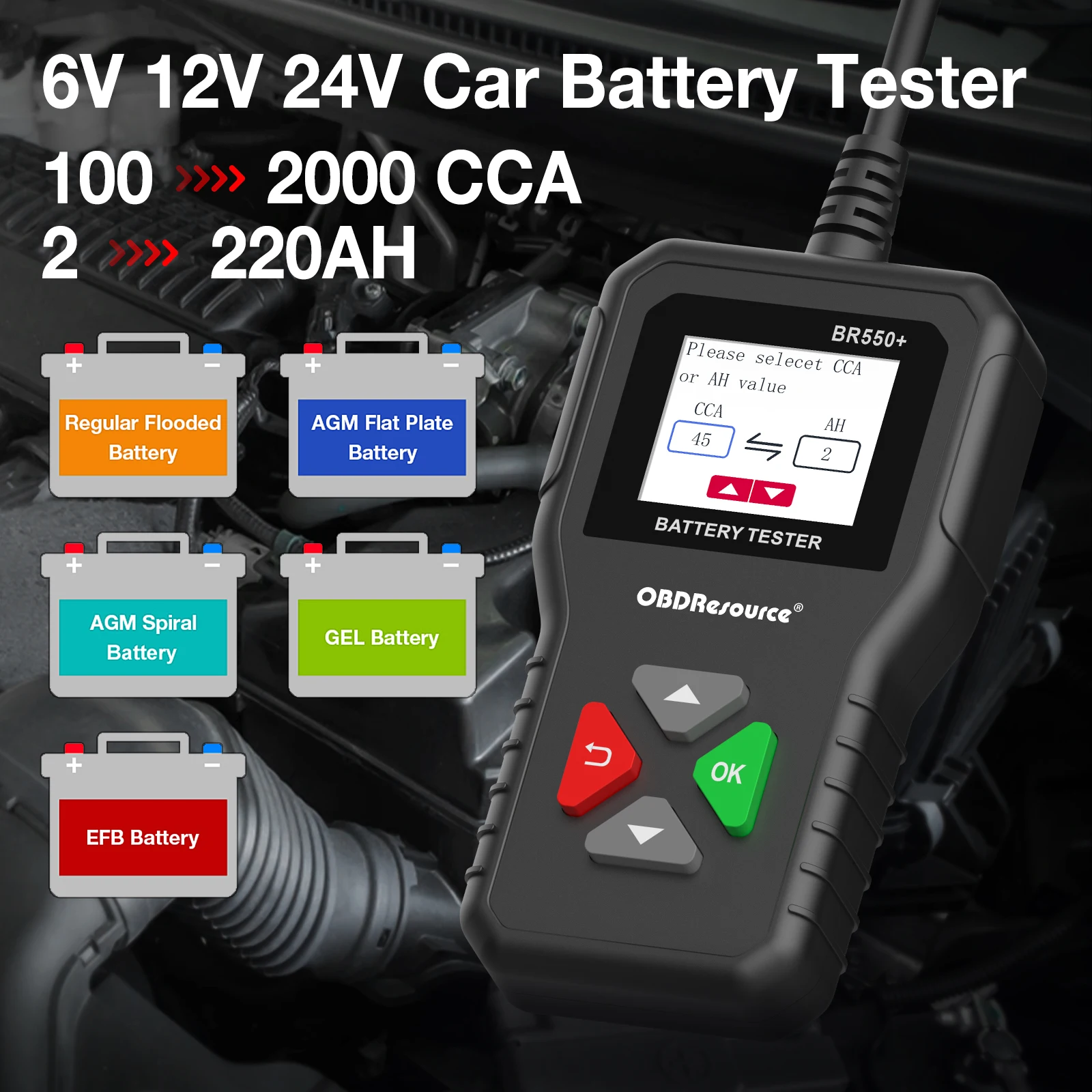 OBDResource Car Battery Tester, Voltage Tester, Auto Digital Battery Analyzer Tool, Color Screen, 6V, 12V, 24V, 100-2000 CCA