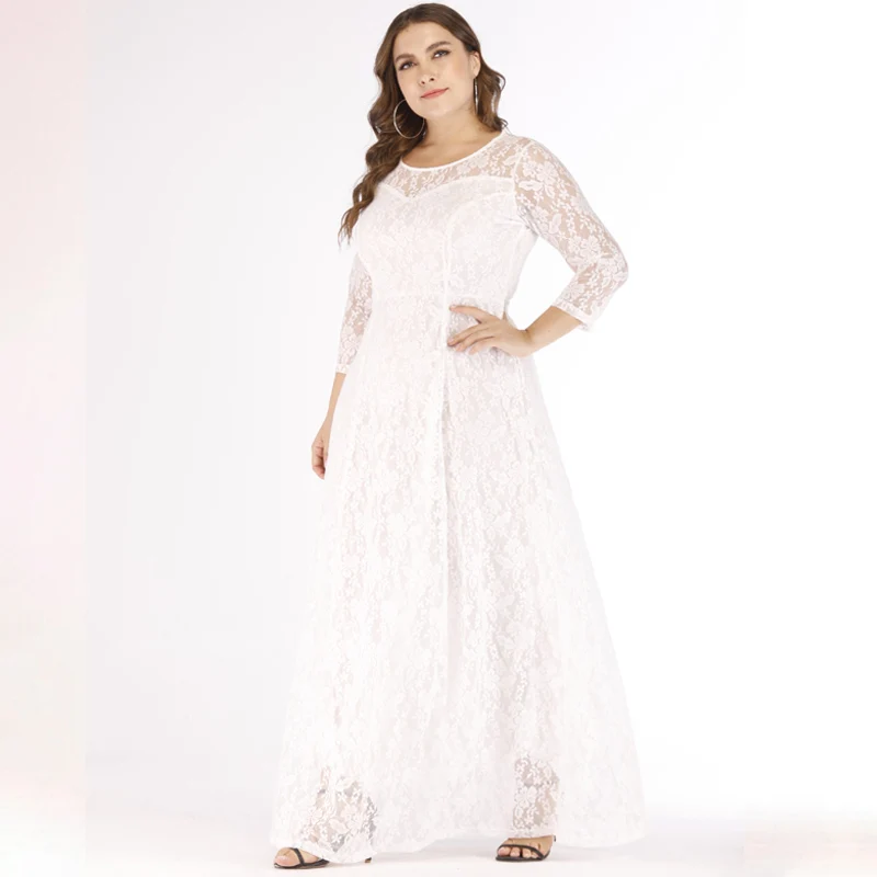 eDressU Plus Size Women Lace Evening Party Dress 3/4 Sleeve A-line Pink Long Large 4XL 5XL 6XL Mother of the Bride Dress SJ-1868