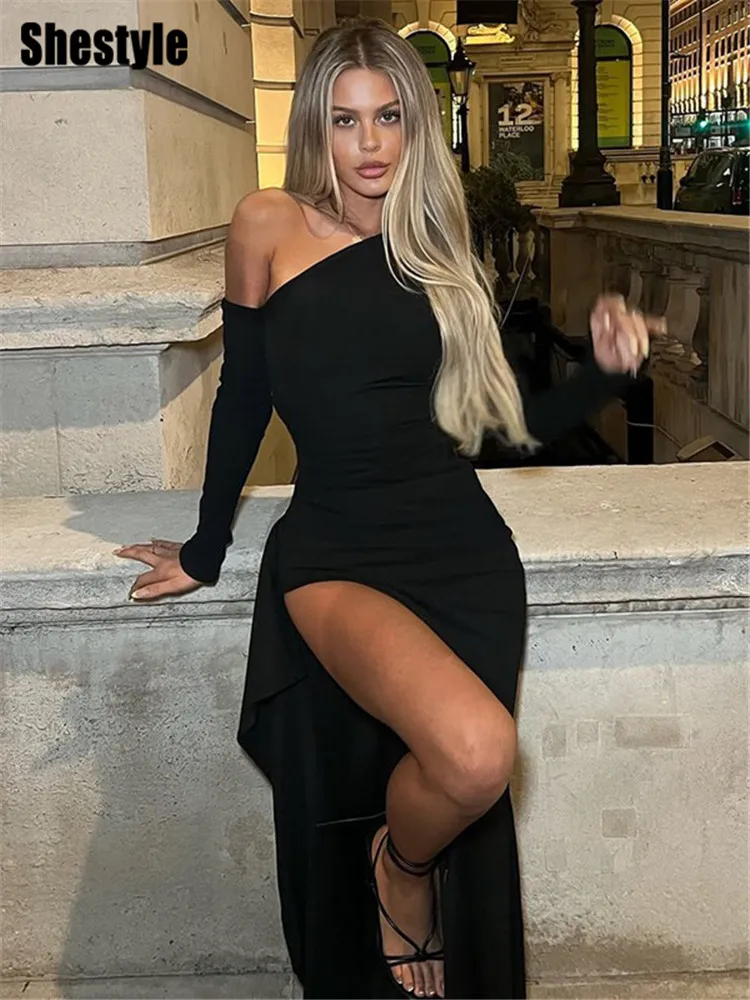Shestyle فستان أسود مثير بفتحة عالية للنساء بكتف واحد متين غير متماثل نحيف على شكل حرف a ملابس عصرية قابلة للتنفس