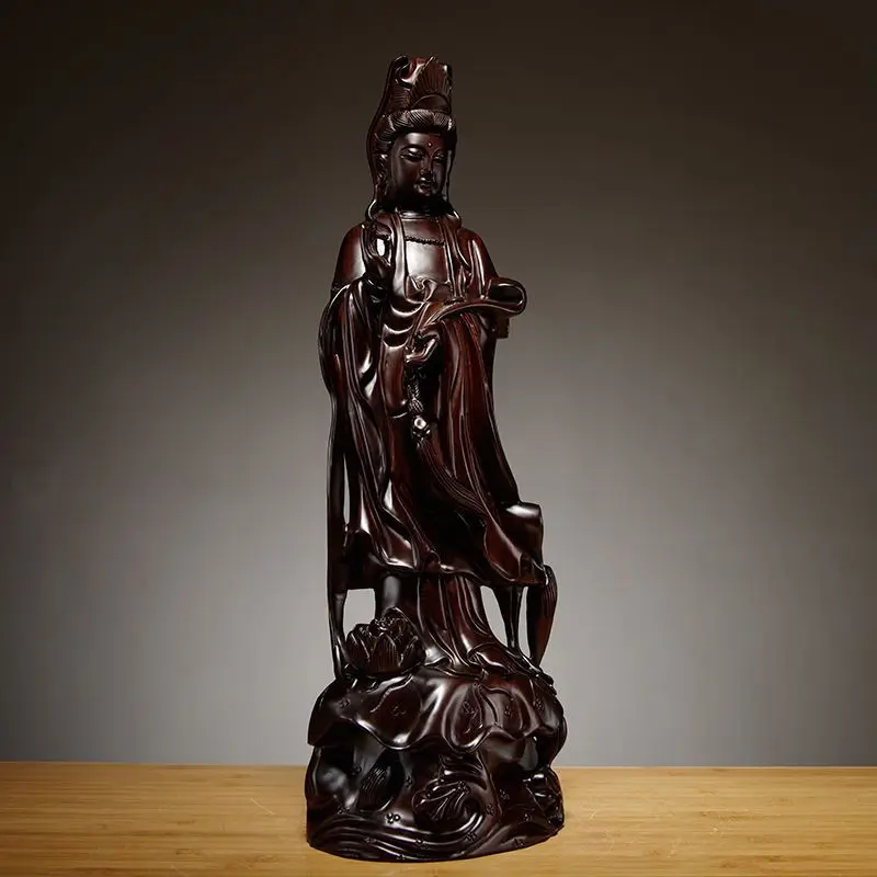 6-calowa drewniana statuetka Ruyi Guanyin Syflower z litego drewna Czarne drzewo sandałowe Drewniana statuetka Buddy Dekoracja domu Feng Shui