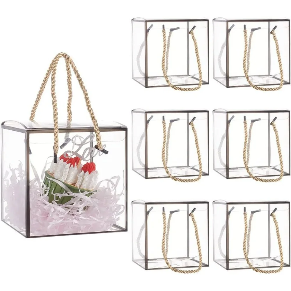 10 Set Transparent PVC Favor Boxes 4.7x4.7x4.7 Reusable Plastic Gift Boxes with Black Border Lace and Handle for Candy Chocolate