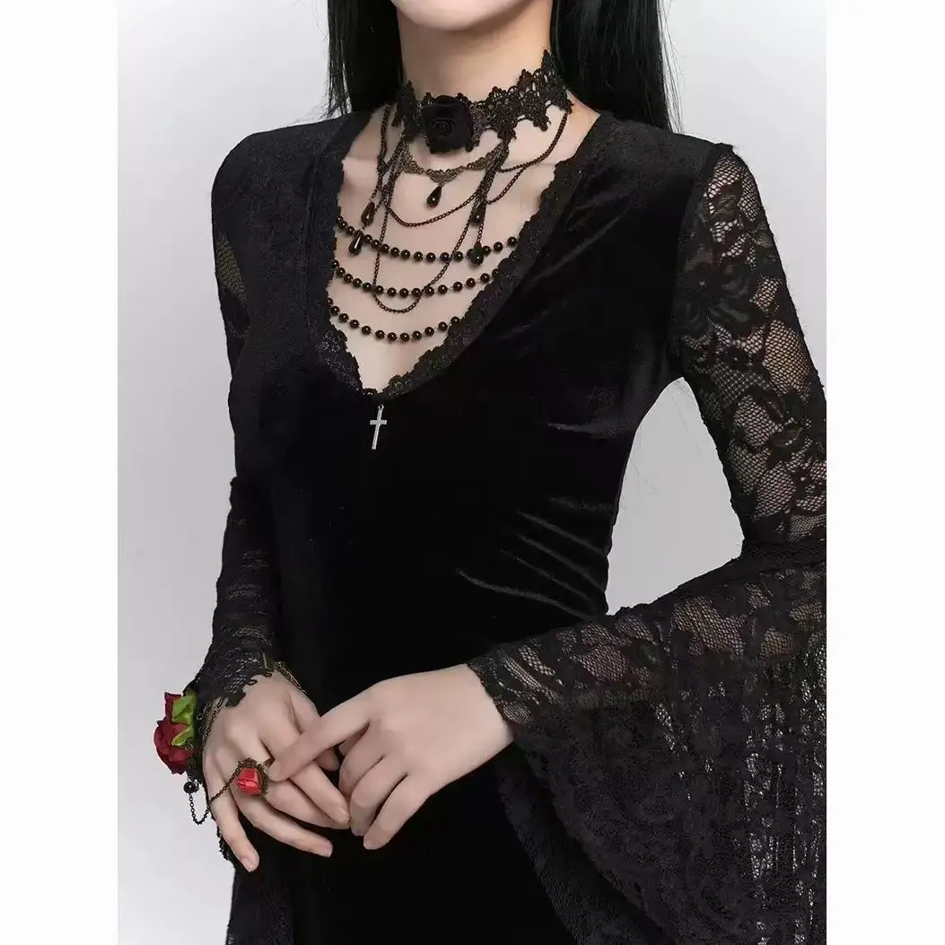 Gothic k Sle Women's Dr loween Costume Retro Skirt Long Sve Neutral Other Material 00% Summer Collection
