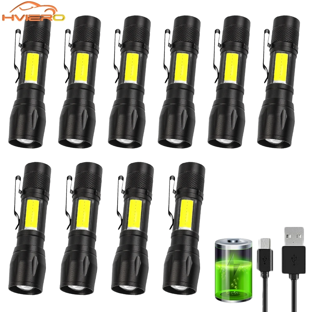 1/2/3/5/7/9Pc Mini Flashlight COB+XPE Portable Torch Zoomable Focus Lights Ultra Bright USB Charge Camping Emergency Side Lamp