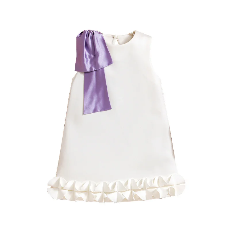 

Children's Clothing British Style Summer Girls' Round Neck Bowknot Solid Color Ruffled Dress