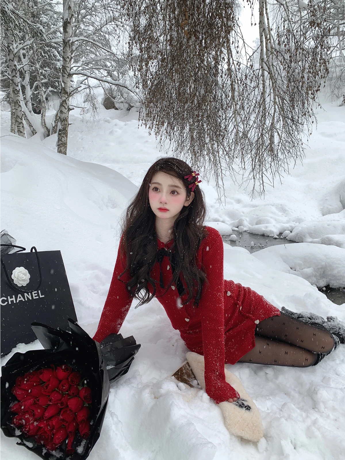 

Lanlan's Wardrobe Sweet Sle Sugar-Preserved Rose Heart Bule Bowtie irt Skirt Set Women's Knitted Sweater