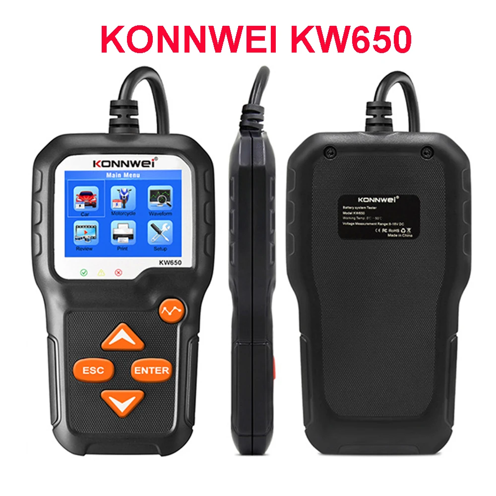 

KONN WEI KW650 Diag Test Tool 6V 12V 100 to 2000 CCA Cranking Charging Motorcycle Auto Analyzer Moto PK KW510 Car Battery Tester