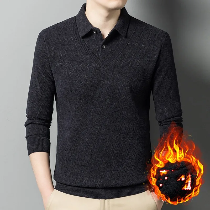 Autumn and Winter Men's Pullover Lapel Solid Button Fake Two Piece Panel Long Sleeve Sweater Knit Fashion Casual Formal Tops