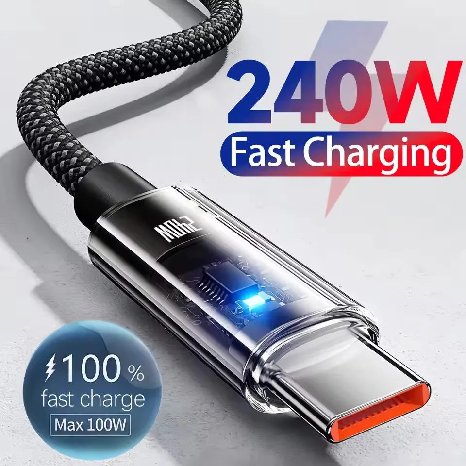 240W Nylon USB Type C Super Fast Charging Cable For Samsung Xiaomi Huawei Honor LED Digital Display USB C Charger Data Cord