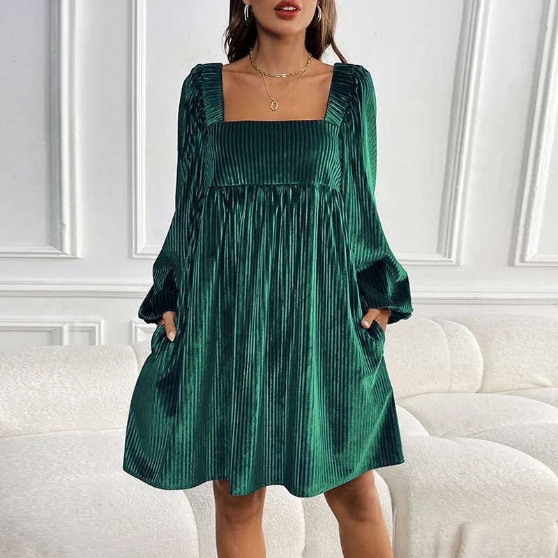 Fashion Solid Color Women's Short Velvet Dress Square Collar Hoodie A-line Lantern Sleeve Green Corduroy Mini Dress New Product