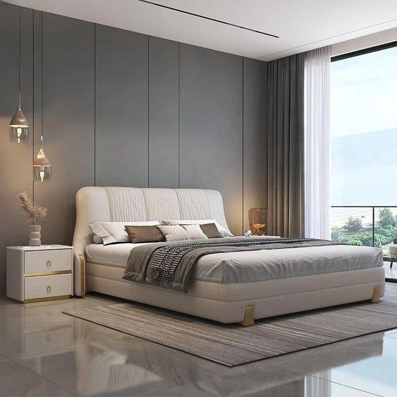 Unique Design Home Furniture Cheap Price Ecological Leather Sleeping Modern Queen Size Bed Frame with Soft Headboard for Bedroom