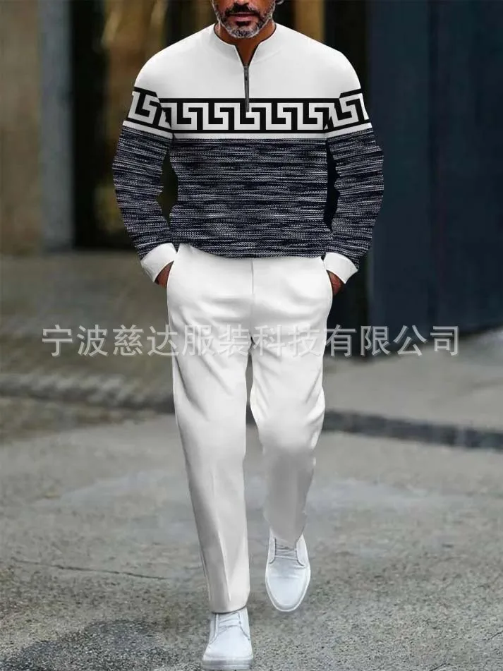 2025 New European and American Amazon Style Men's Sports Set with Half open Placket Zip Pullover  Casual and Fashionable