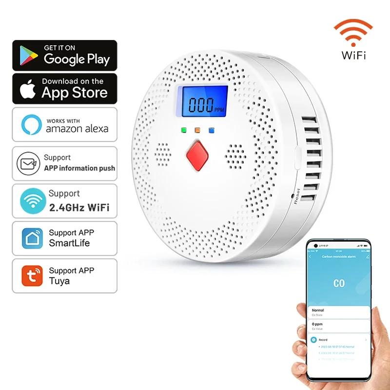 Tuya WiFi Smart Carbon Monoxide Detector Alarm 70dB Sound Warning LCD Digital Display APP Control Real-Time CO Monitor Poisoning