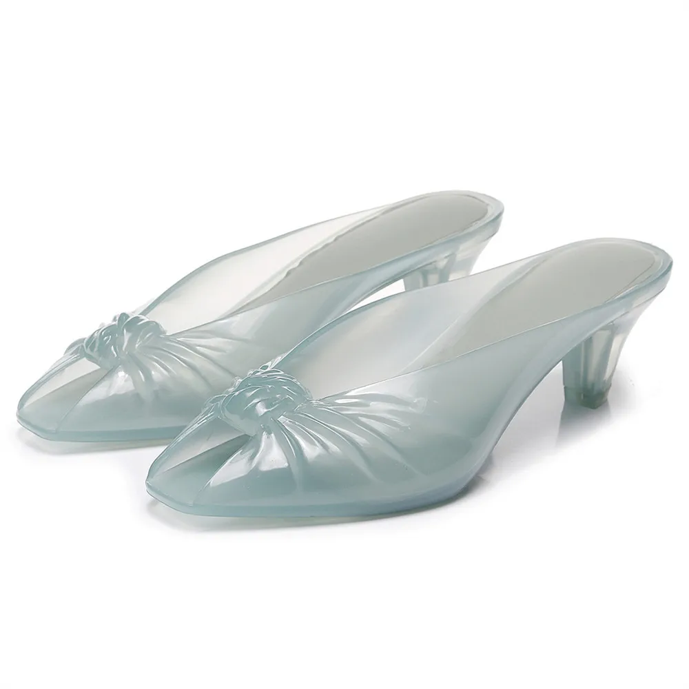 Summer Women Smoky Gray Jelly Mules Knotted Front Peep Toe Transparent Clear Mid Heel Slip On Slides Casual Beach Party Sandals view 4