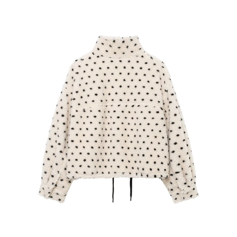 High Neck Drawstring Hem Teddy Coat for Autumn & Winter Casual Wear Women's White Polka Dot Fleece Jacket