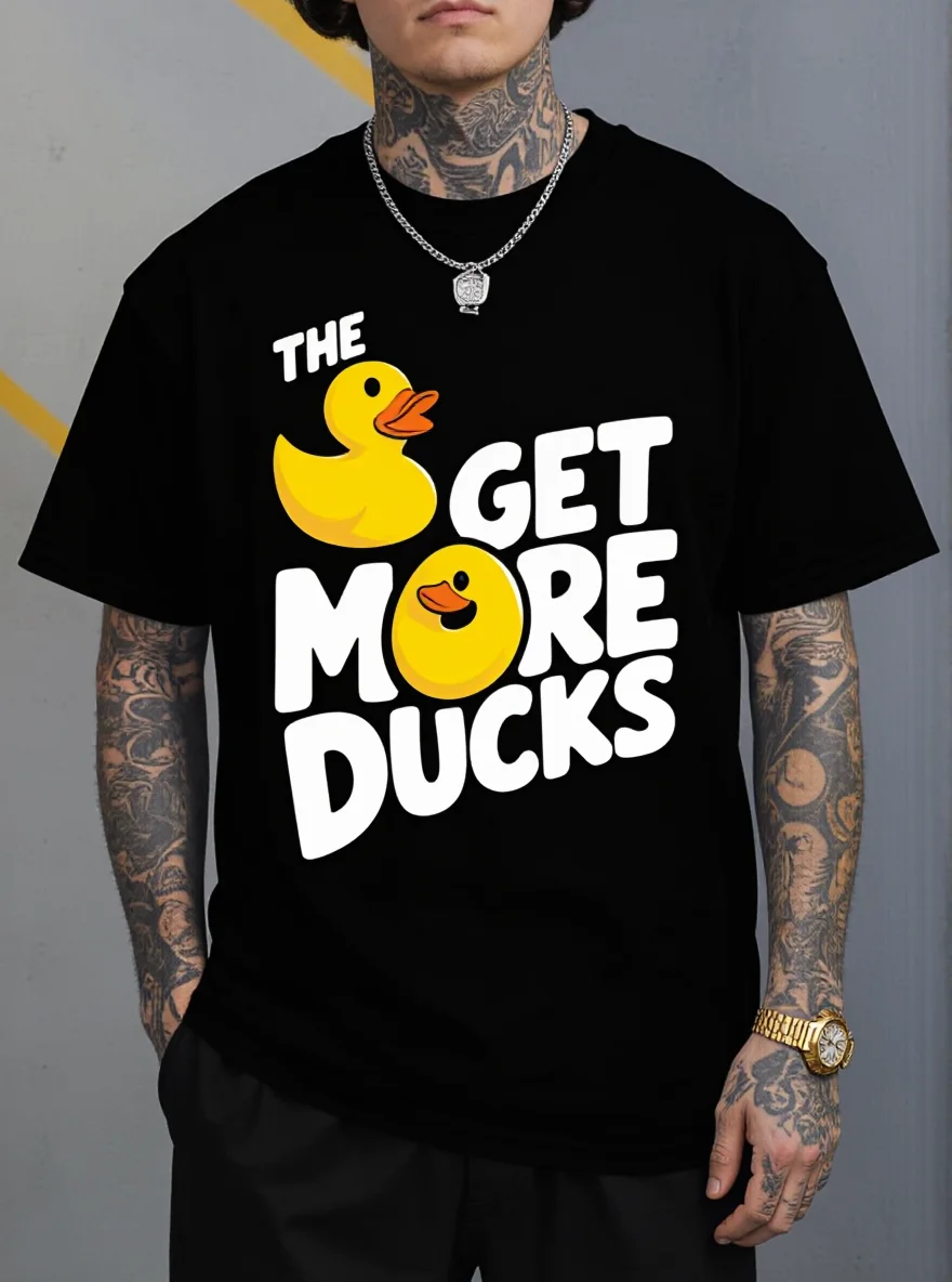 

Men's Yellow Duck T-Shirt - Cotton "Get More Ducks" Loose Fit Machine Washable Tee