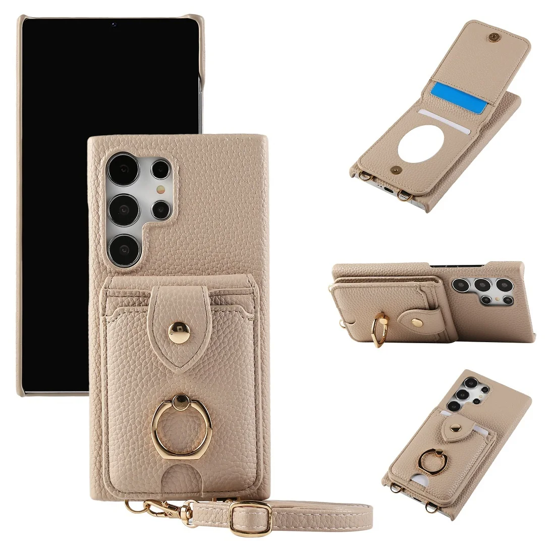 

Lanyard Leather Wallet Card Case For Samsung Galaxy S24Ultra S23FE S22Plus A55 A15 A35 A25 A54 A05 Mirror Phone Cover With Ring