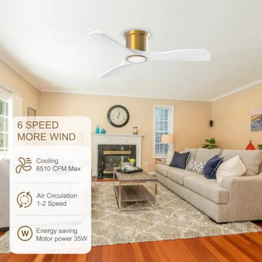 Ventilador de teto inteligente de 52 polegadas com luz integrada e controle remoto para uso interno Modo de montagem embutida de baixo perfil em ouro branco de 3 lâminas